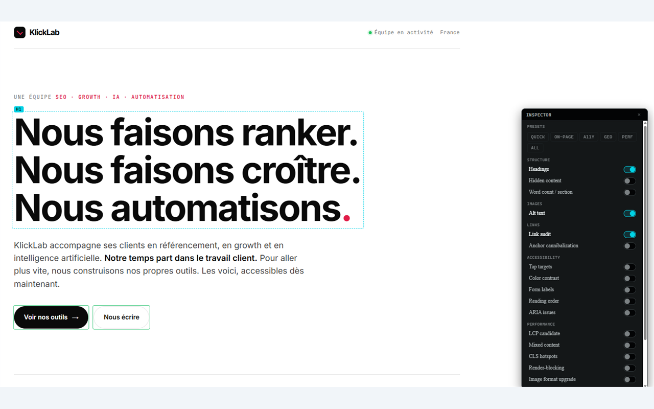 Inspector Mode activé sur une page : overlays headings, alt text et tap targets visibles directement sur le contenu.